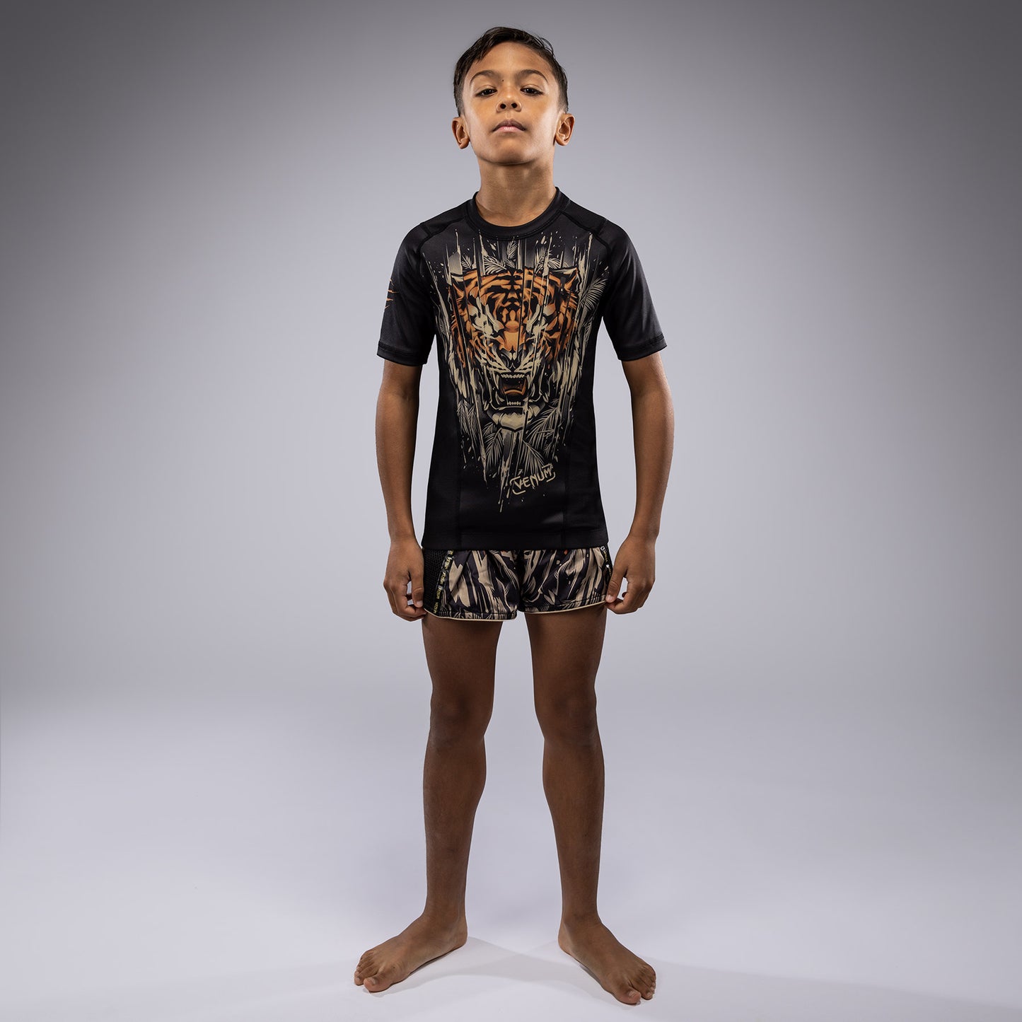 Rashguard à Manches Courtes Venum Tiger pour Enfants - Noir/Orange Néon - product-type_T-Shirts de Compression