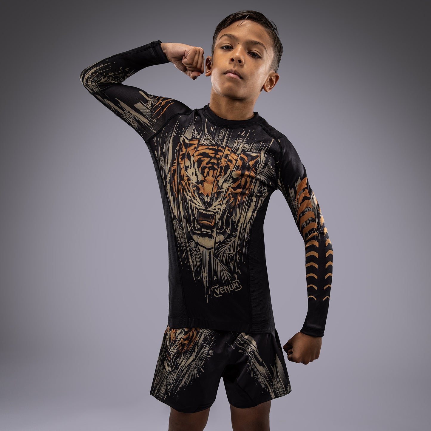 Rashguard à Manches Longues Venum Tiger pour Enfants - Noir/Orange Néon - product-type_T-Shirts de Compression