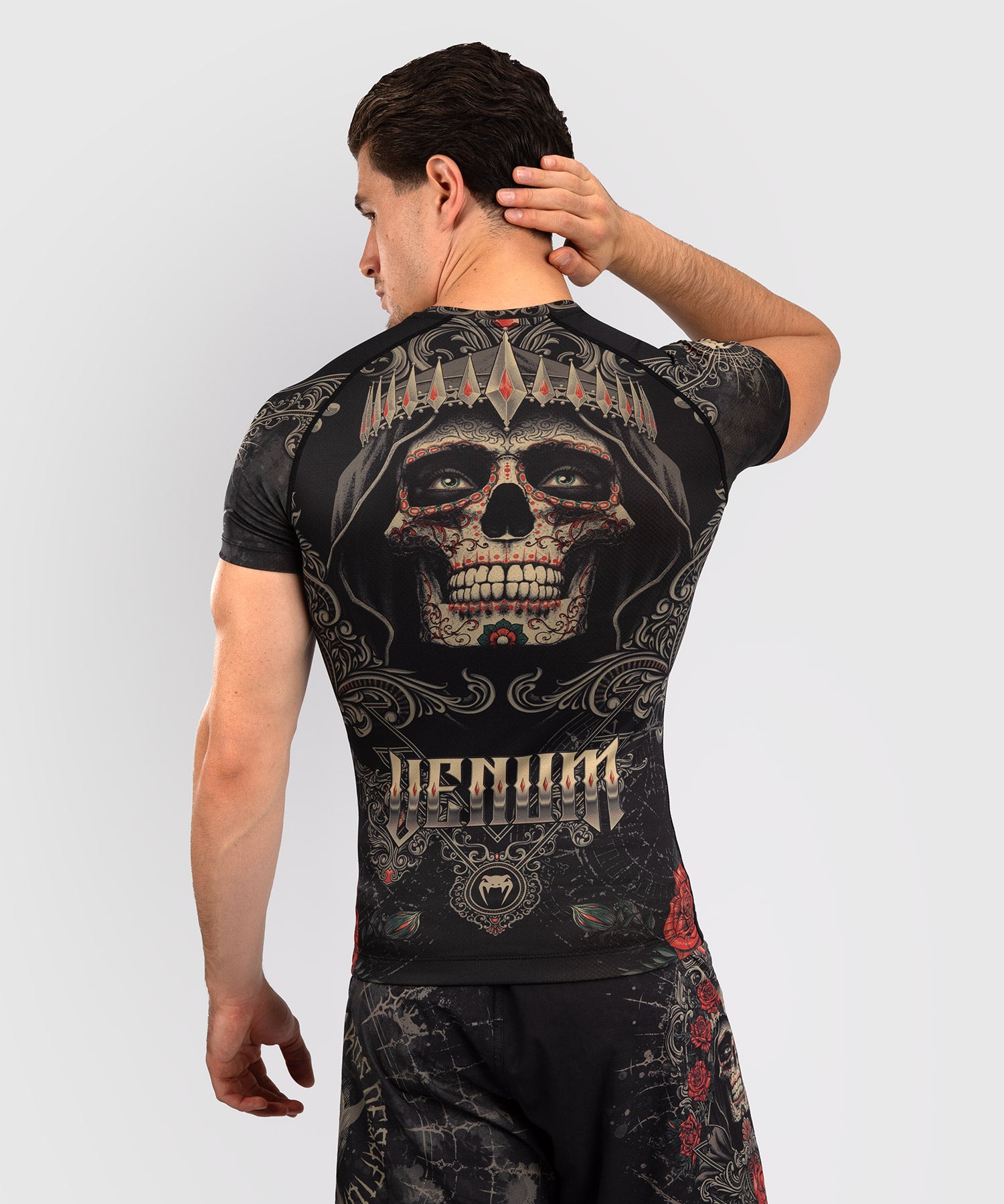 Rashguard à Manches Courtes pour Hommes Venum Santa Muerte 5.0 - Noir Profond/Or - product-type_T-Shirts de Compression