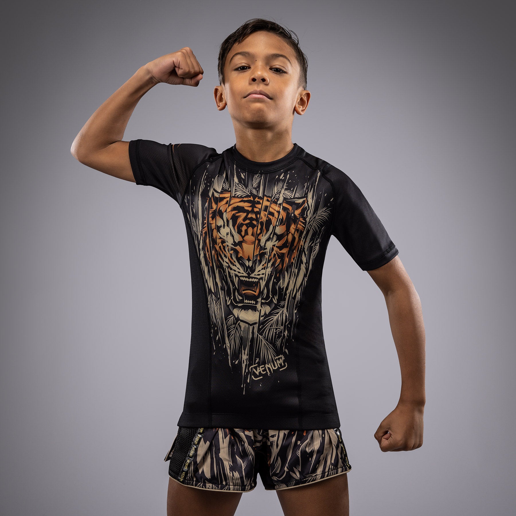 Rashguard à Manches Courtes Venum Tiger pour Enfants - Noir/Orange Néon - product-type_T-Shirts de Compression