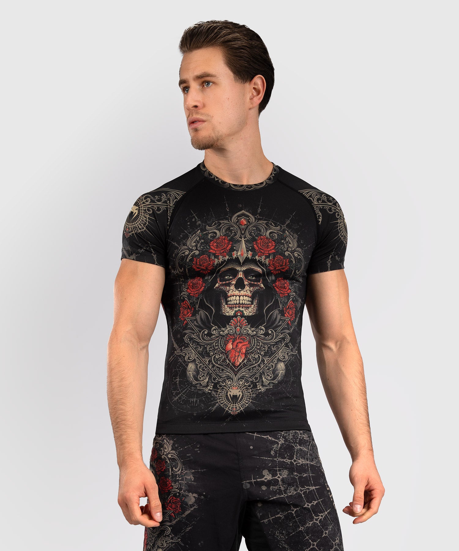 Rashguard à Manches Courtes pour Hommes Venum Santa Muerte 5.0 - Noir Profond/Or - product-type_T-Shirts de Compression