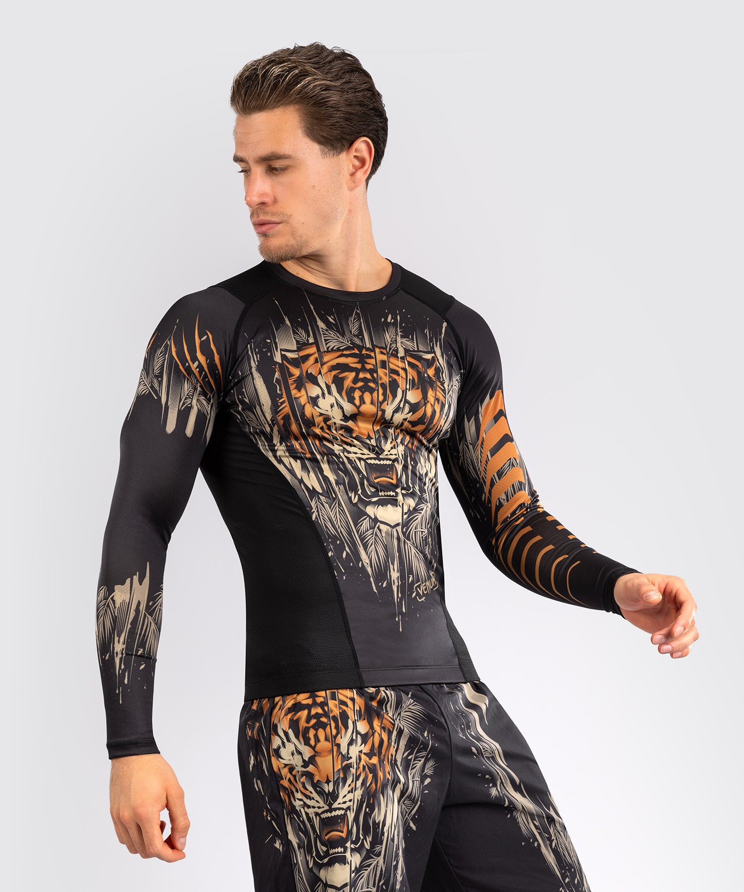 Rashguard à Manches Longues Venum Tiger pour Hommes - Noir/Orange Néon - product-type_T-Shirts de Compression