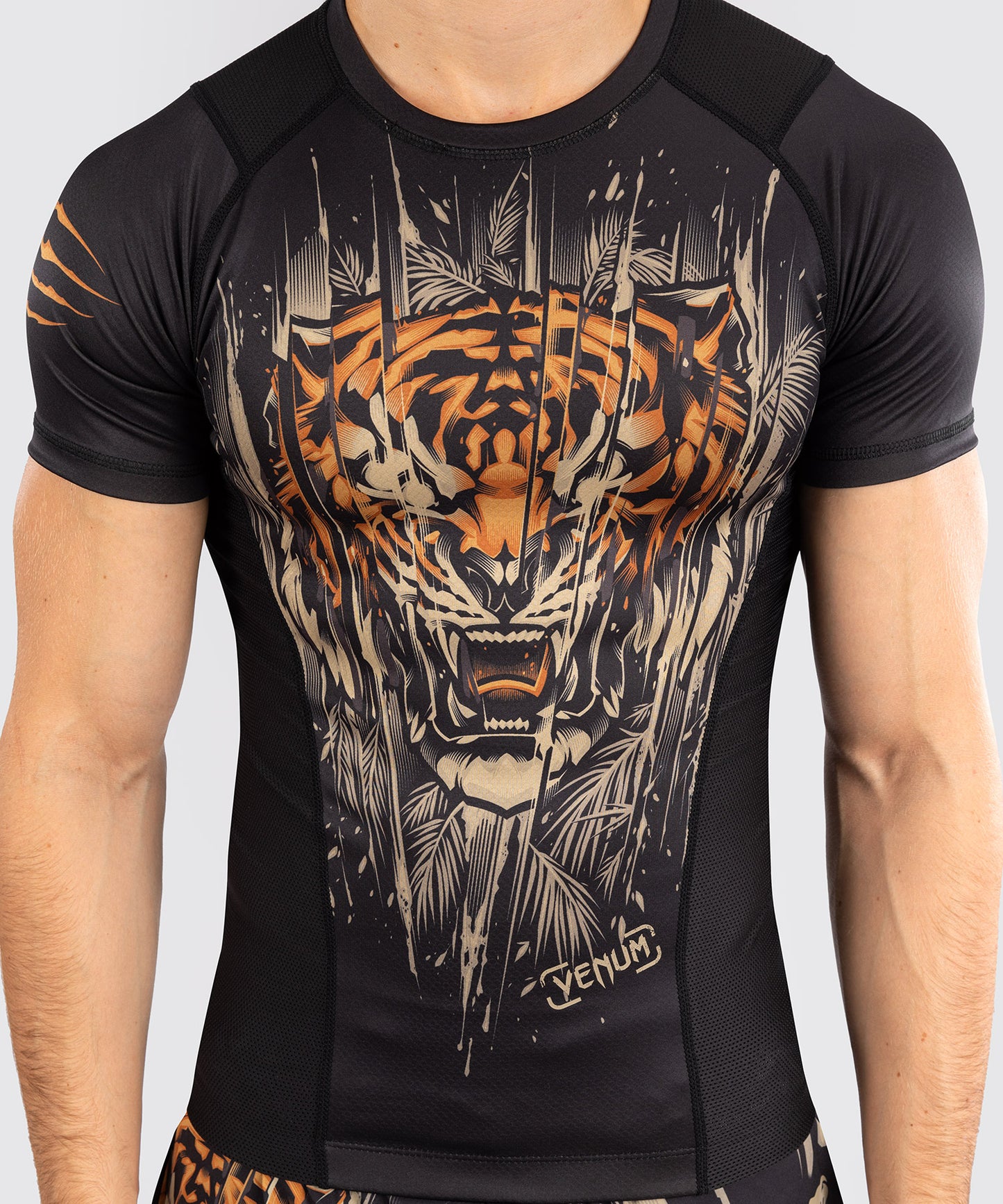 Rashguard à Manches Courtes Venum Tiger pour Hommes - Noir/Orange Néon - product-type_T-Shirts de Compression