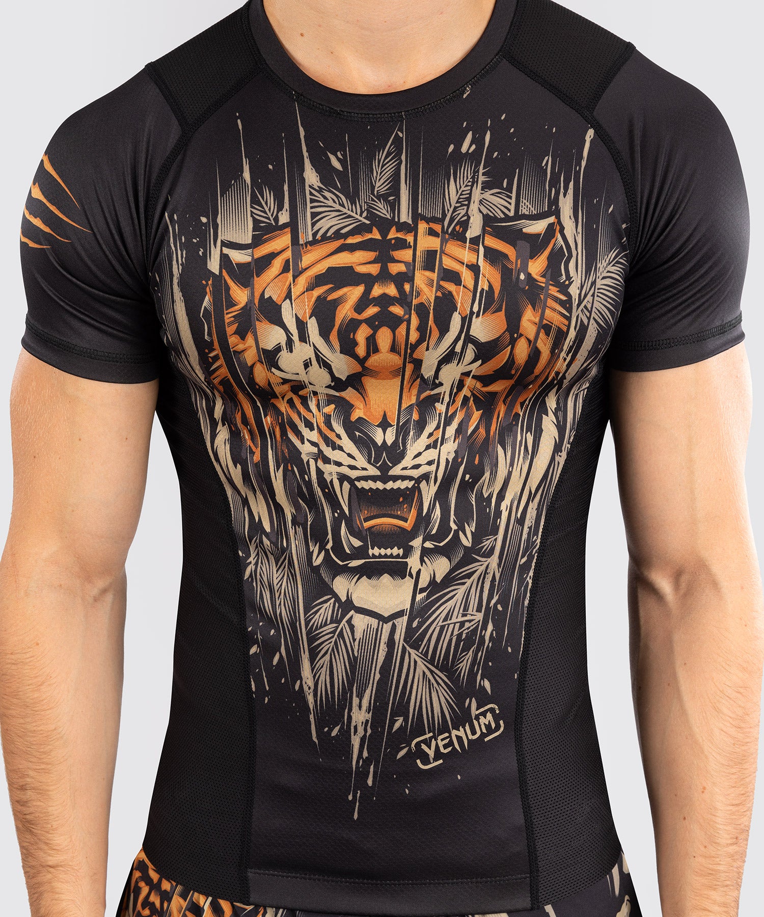 Rashguard à Manches Courtes Venum Tiger pour Hommes - Noir/Orange Néon - product-type_T-Shirts de Compression
