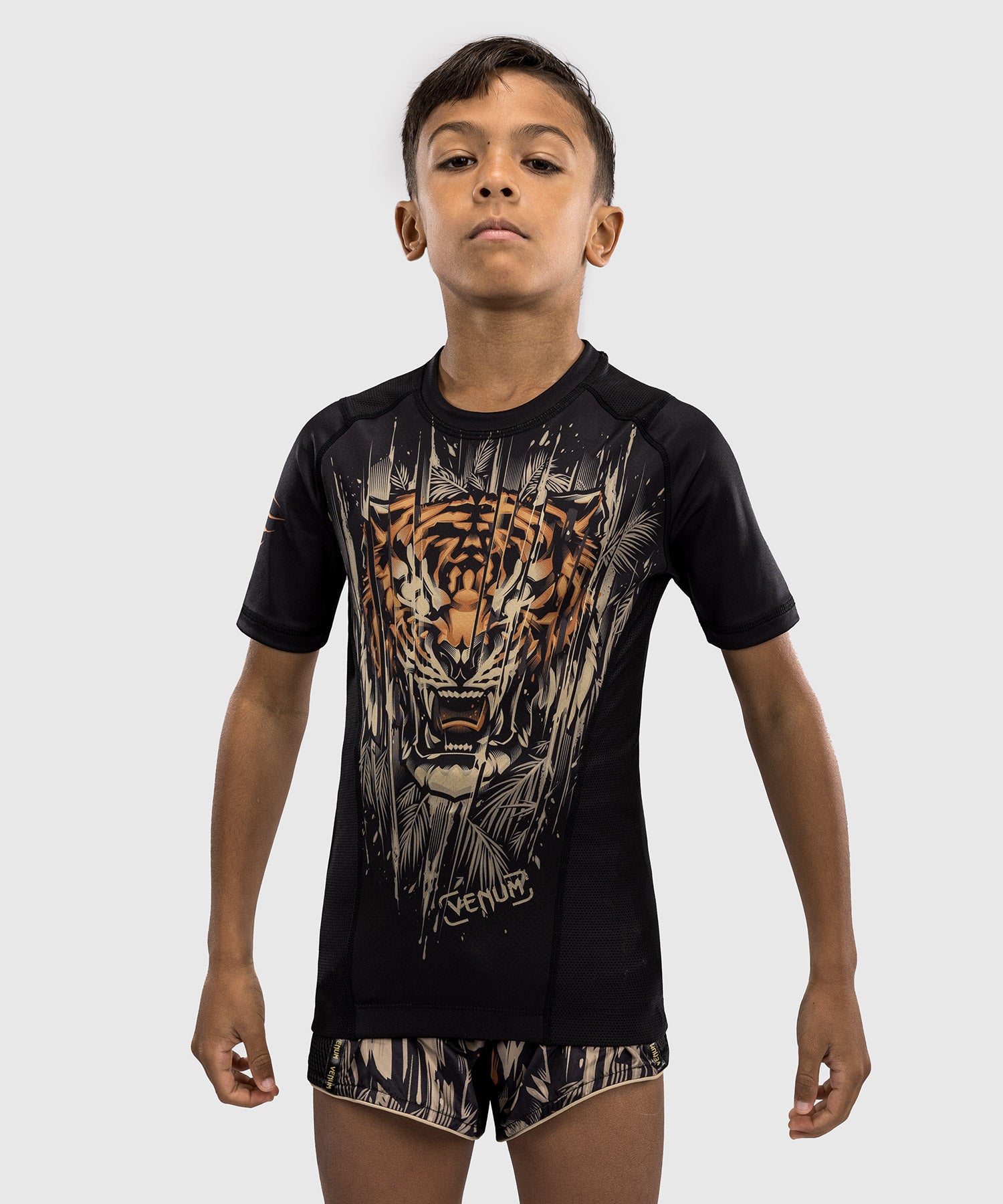 Rashguard à Manches Courtes Venum Tiger pour Enfants - Noir/Orange Néon - product-type_T-Shirts de Compression