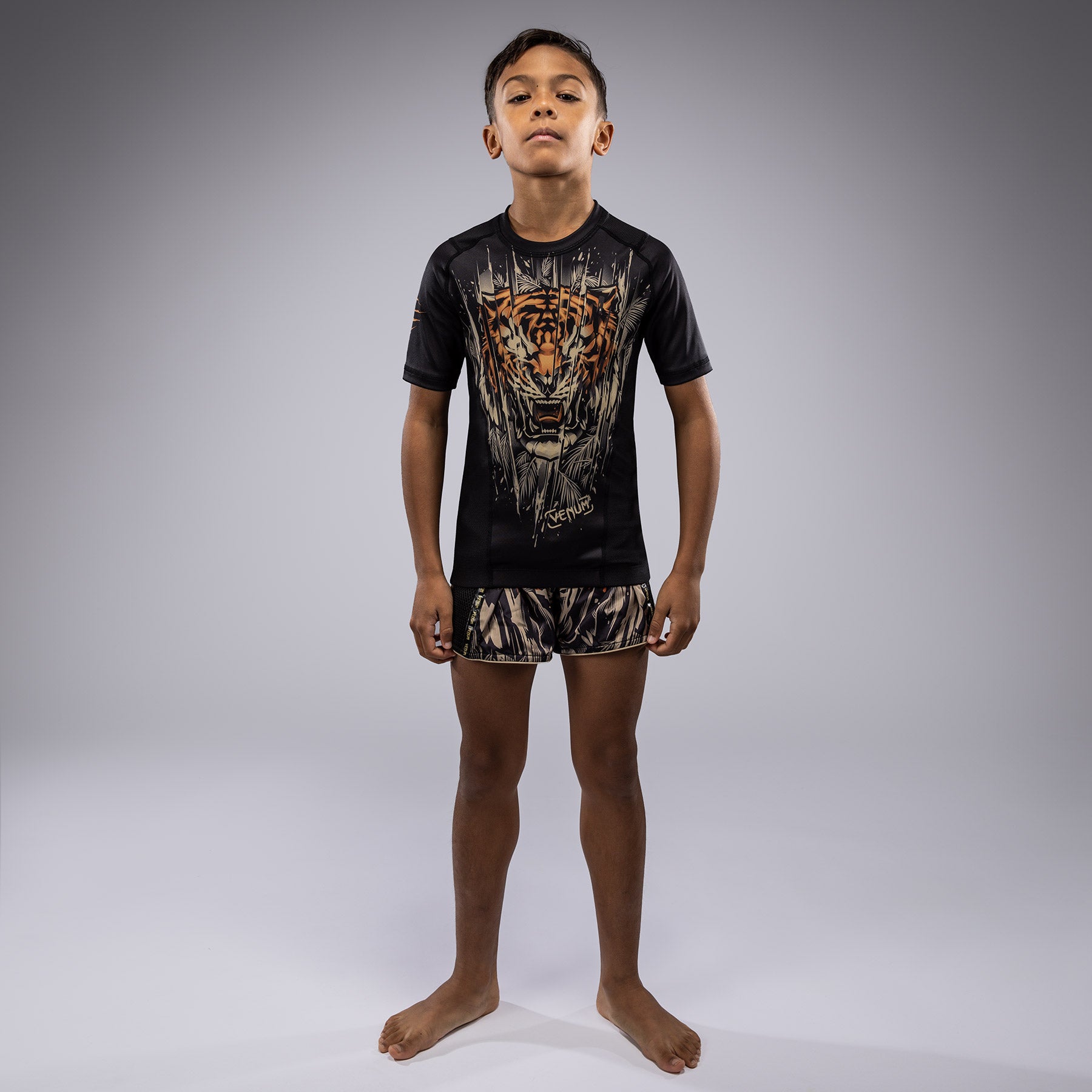 Rashguard à Manches Courtes Venum Tiger pour Enfants - Noir/Orange Néon - product-type_T-Shirts de Compression