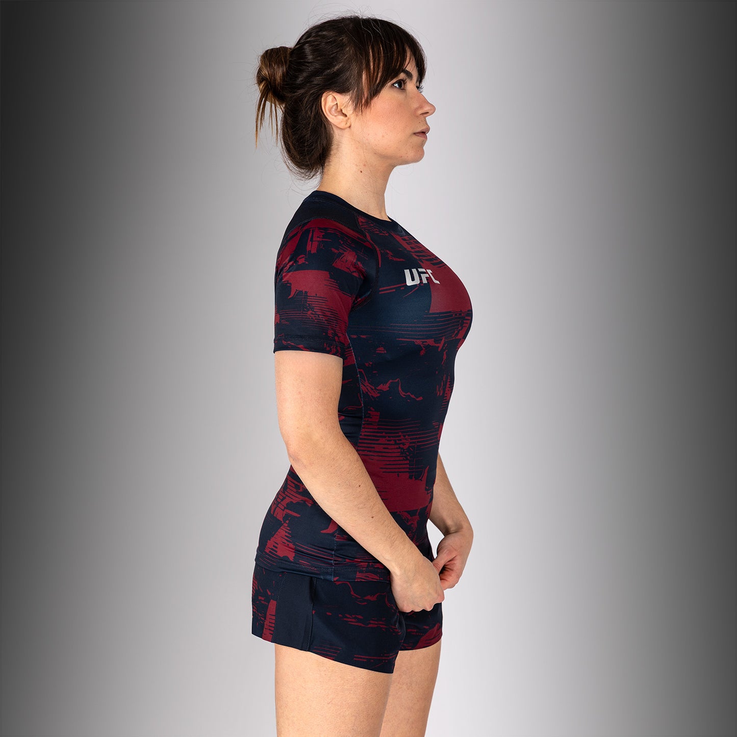 Rashguard manches courtes Performance Femme UFC Zenith by Venum Authentic Fight Week - Bleu marine/Bordeaux/Argent