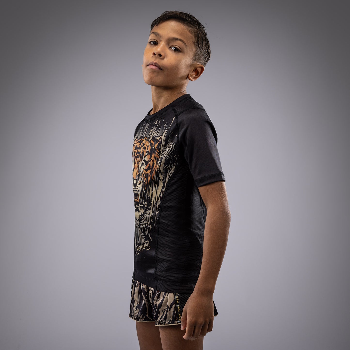 Rashguard à Manches Courtes Venum Tiger pour Enfants - Noir/Orange Néon - product-type_T-Shirts de Compression