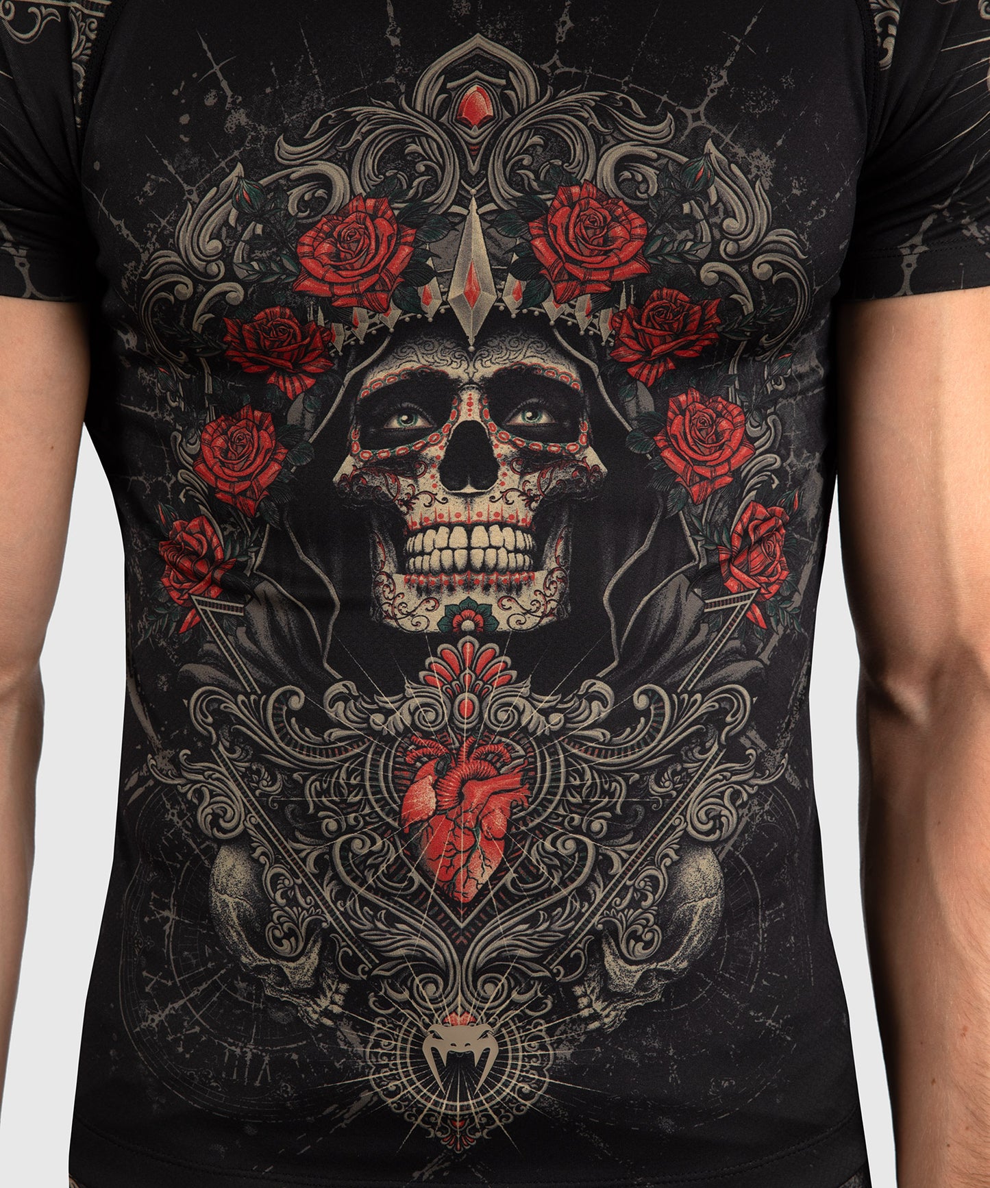 Rashguard à Manches Courtes pour Hommes Venum Santa Muerte 5.0 - Noir Profond/Or - product-type_T-Shirts de Compression