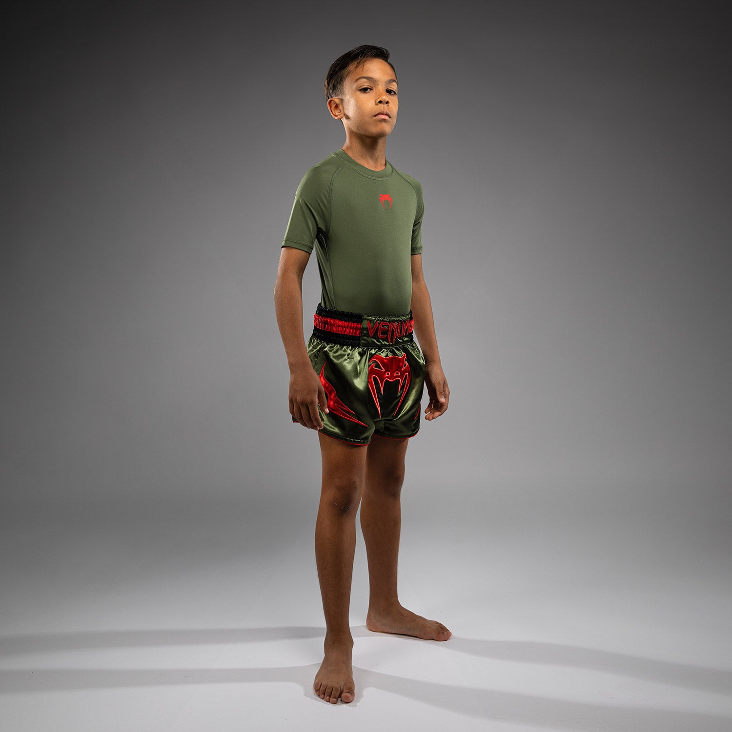 Short de Muay Thai pour Enfants Venum Inferno - Vert militaire/Orange - product-type_Shorts de Muay Thai