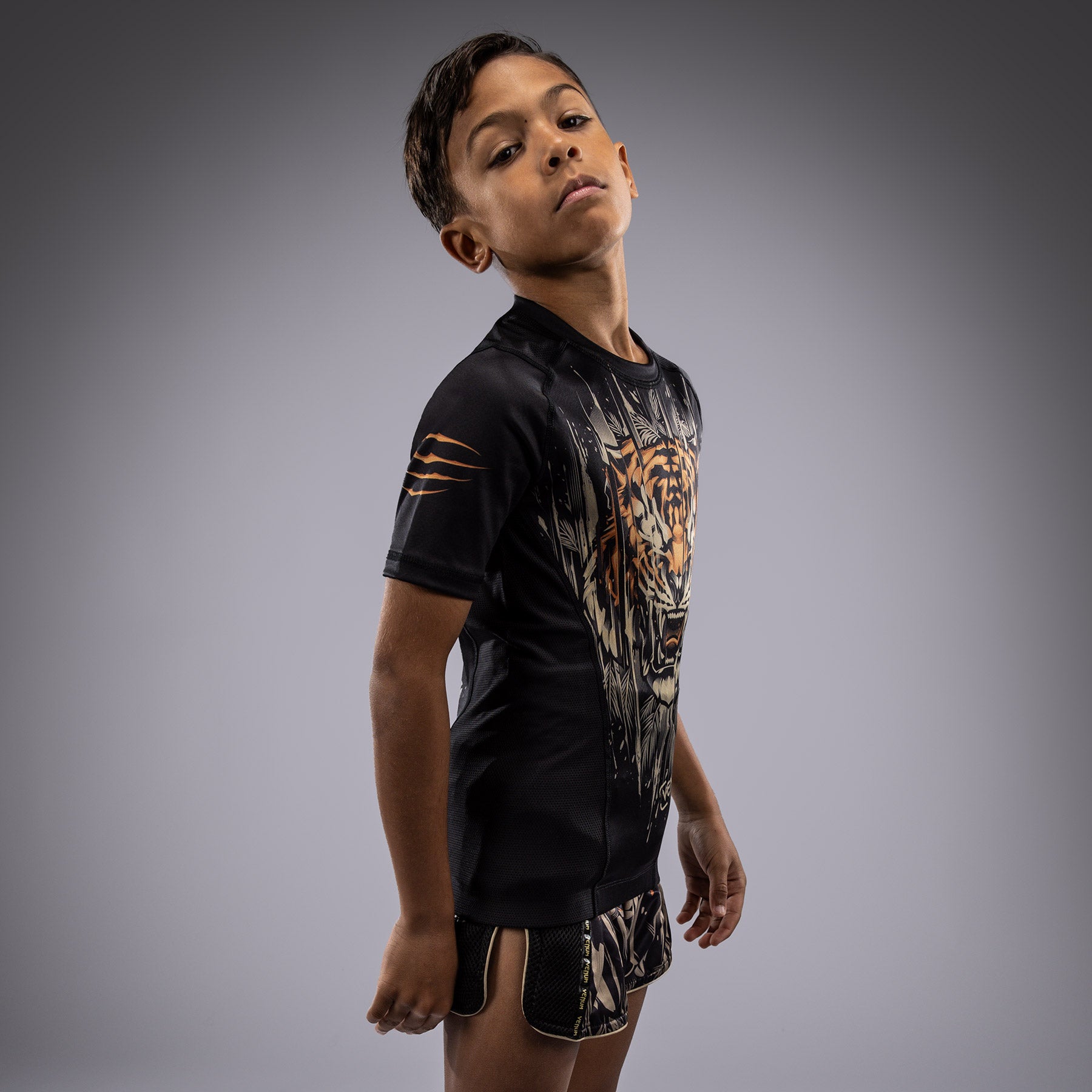 Rashguard à Manches Courtes Venum Tiger pour Enfants - Noir/Orange Néon - product-type_T-Shirts de Compression