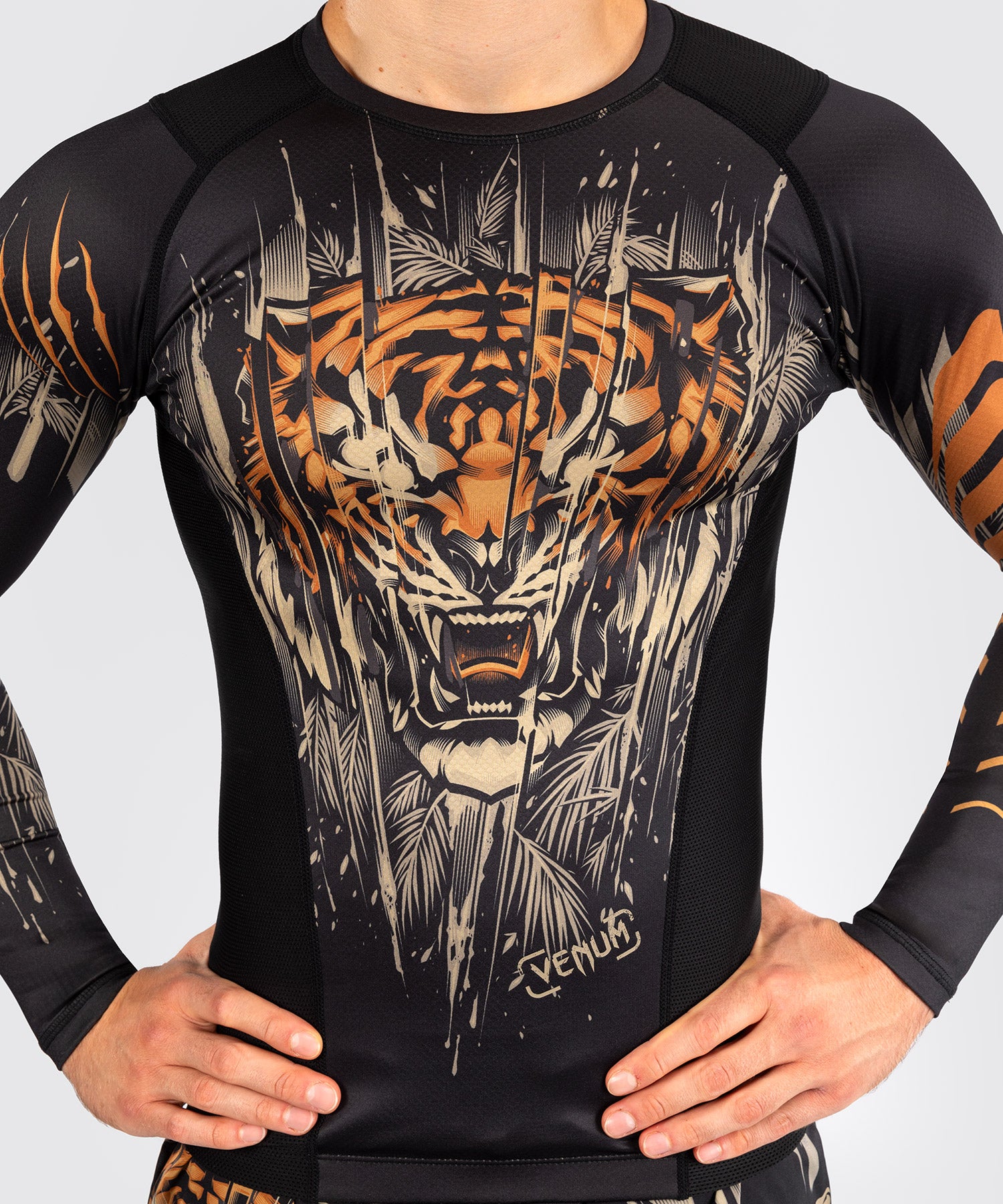Rashguard à Manches Longues Venum Tiger pour Hommes - Noir/Orange Néon - product-type_T-Shirts de Compression