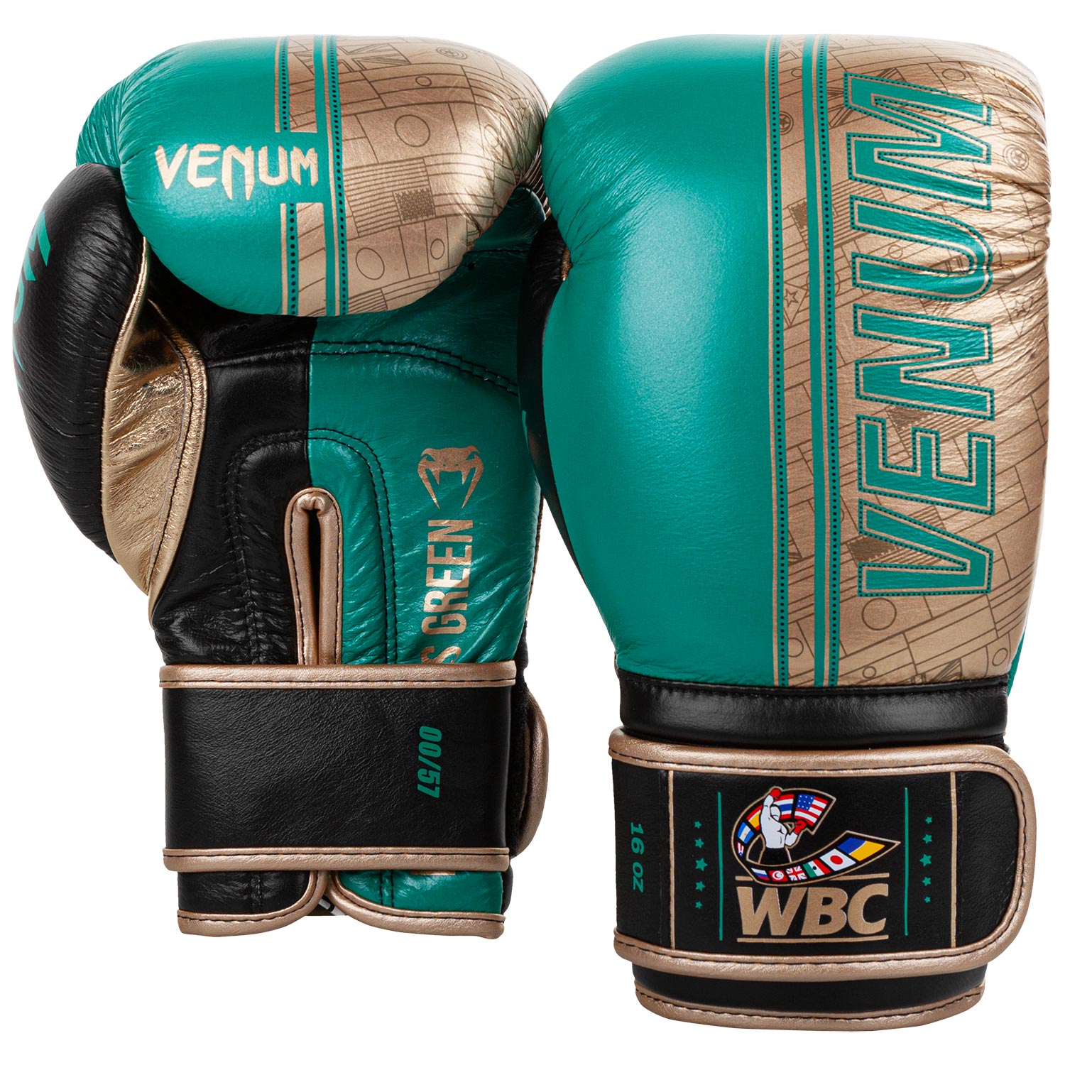 Gants de boxe Pro Venum Shield - Edition limitée WBC - Velcro - Vert Métallique/Doré - Gants de boxe Pro